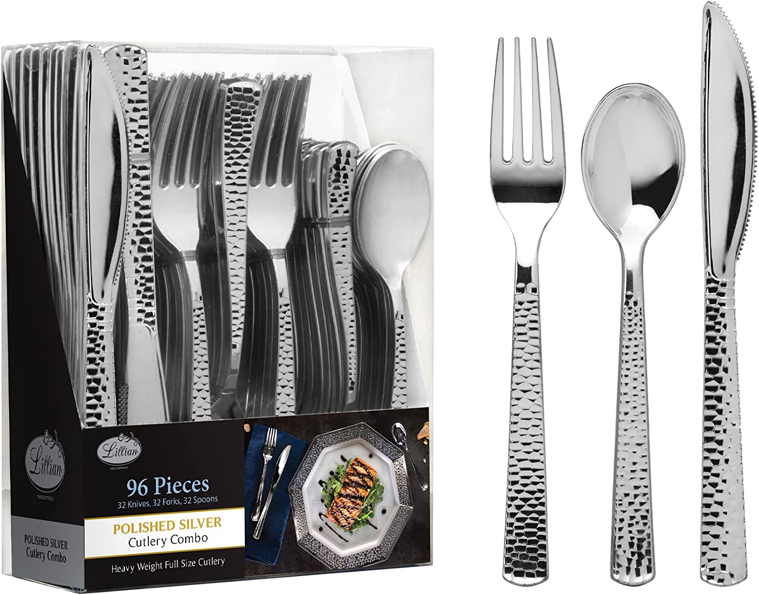 Lilian Cutlery Hammered Heavyweight Silver Plastic 96 piece Combo Pack