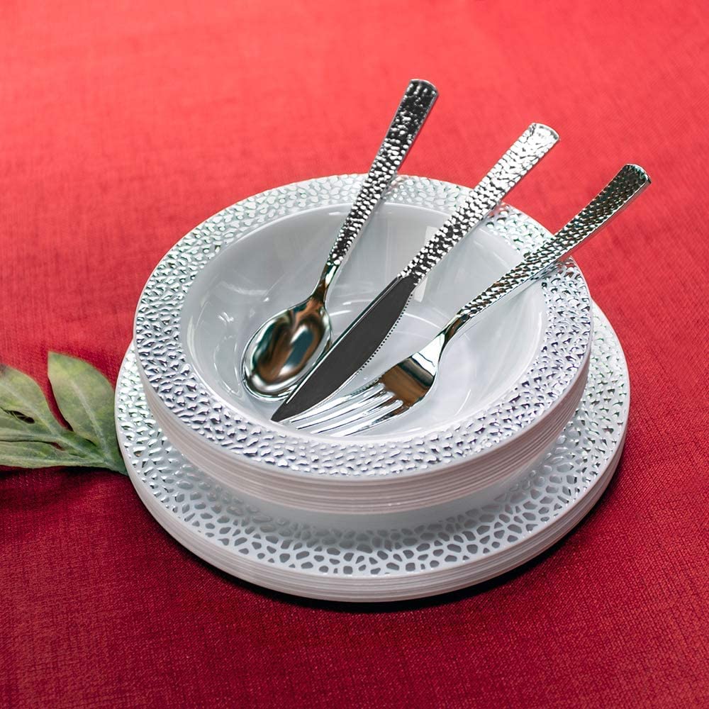 Lilian Cutlery Hammered Heavyweight Silver Plastic 96 piece Combo Pack