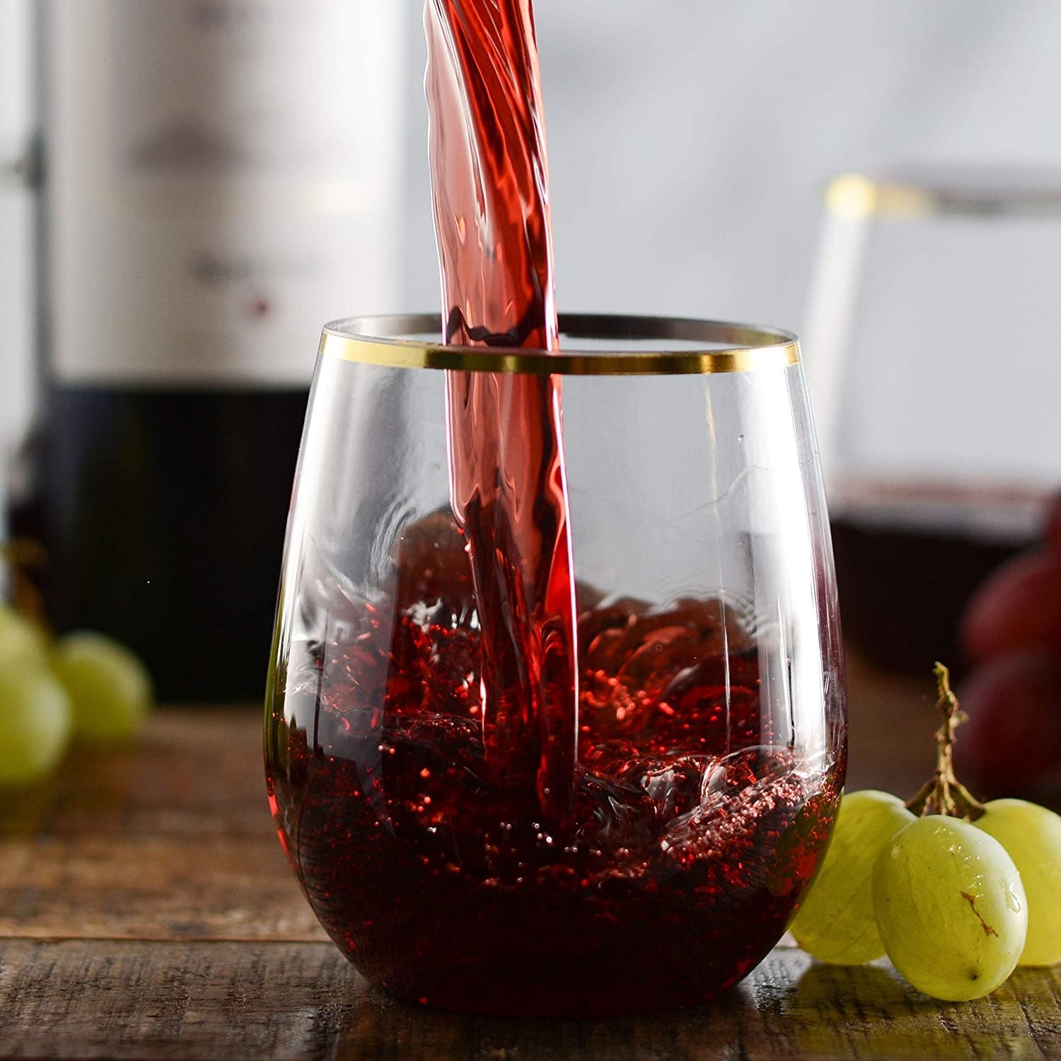 12oz Gold Rim Stemless Plastic Wine Glasses Goblet 6 Pack