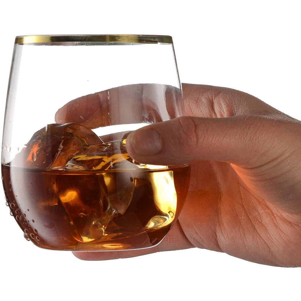 12oz Gold Rim Stemless Plastic Wine Glasses Goblet 6 Pack