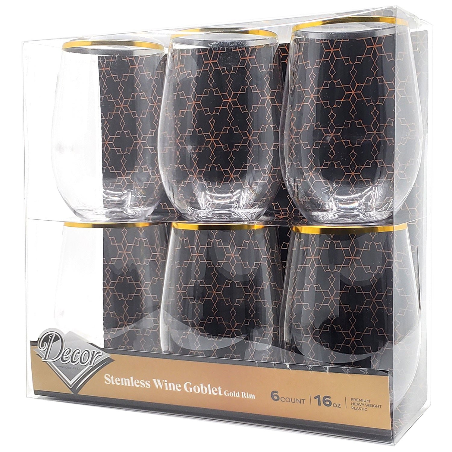 16 oz Gold Rim Stemless Plastic Wine Glasses Goblet 6 Pack