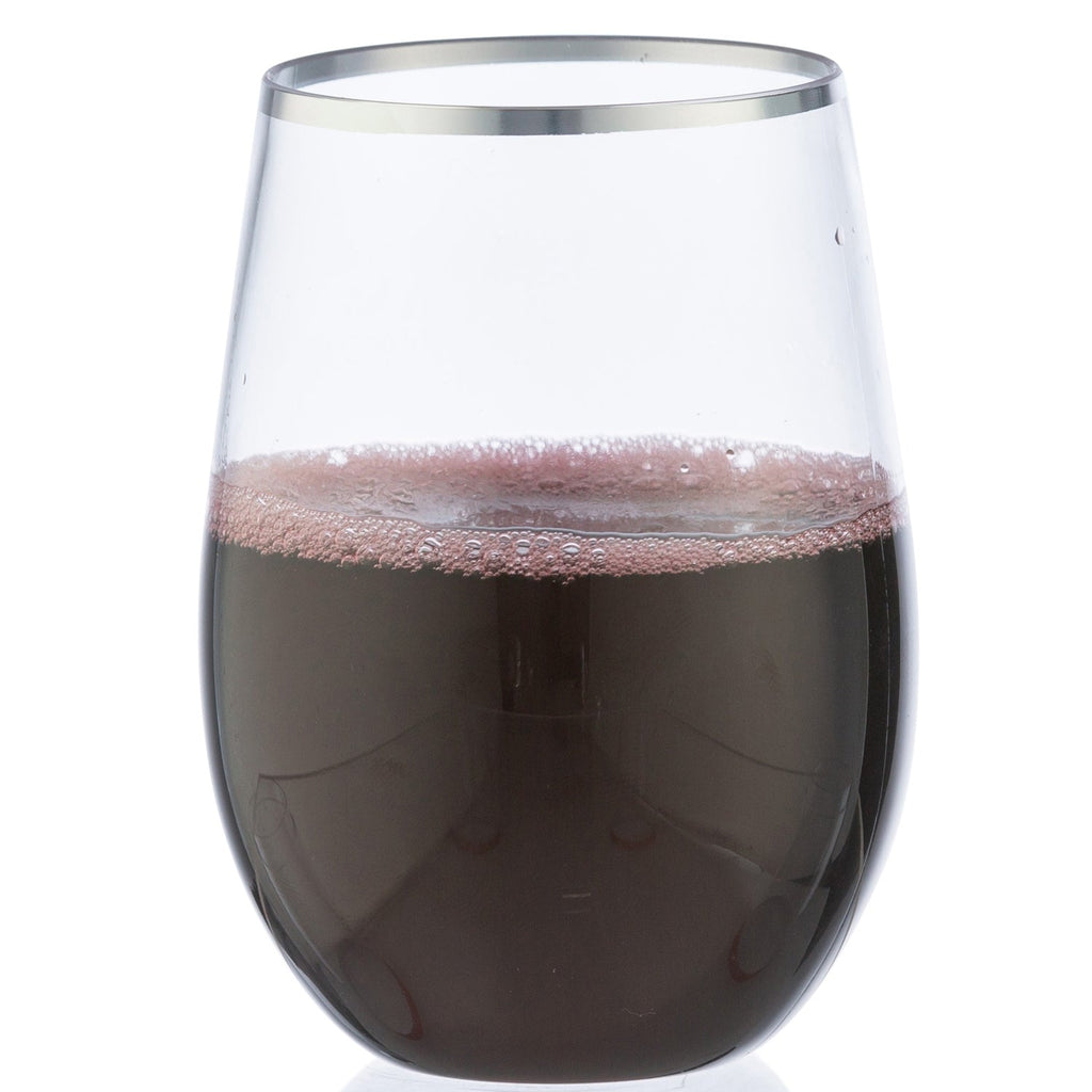 16 oz Silver Rim Stemless Plastic Wine Glasses Goblet 6 Pack