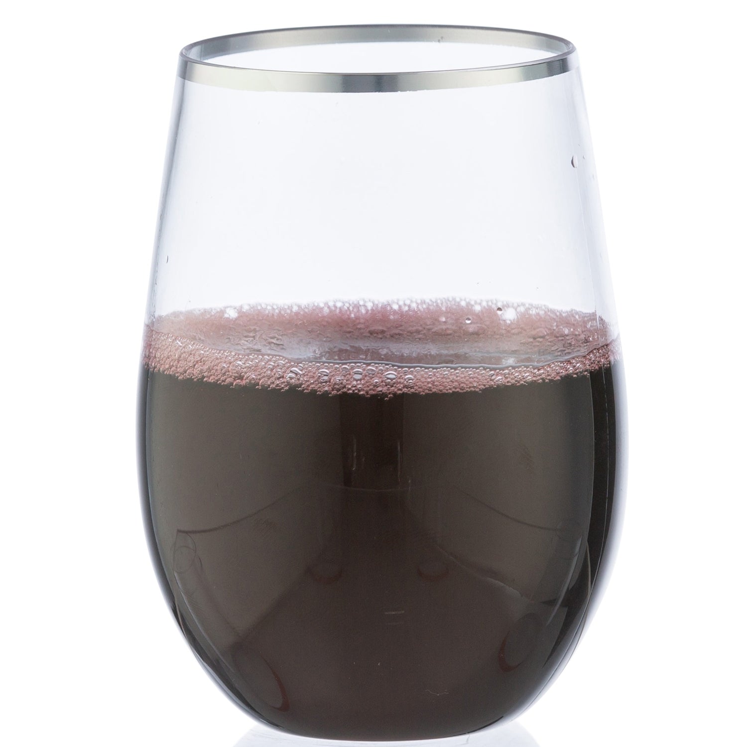 16 oz Silver Rim Stemless Plastic Wine Glasses Goblet 6 Pack