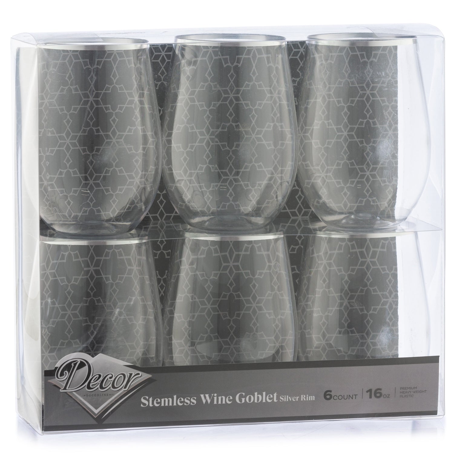 16 oz Silver Rim Stemless Plastic Wine Glasses Goblet 6 Pack