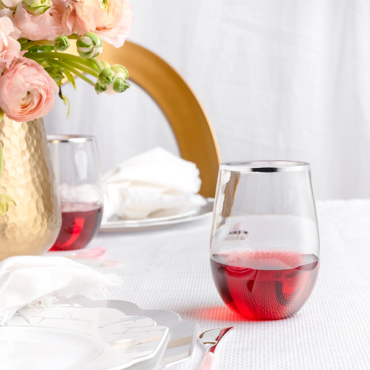 16 oz Silver Rim Stemless Plastic Wine Glasses Goblet 6 Pack