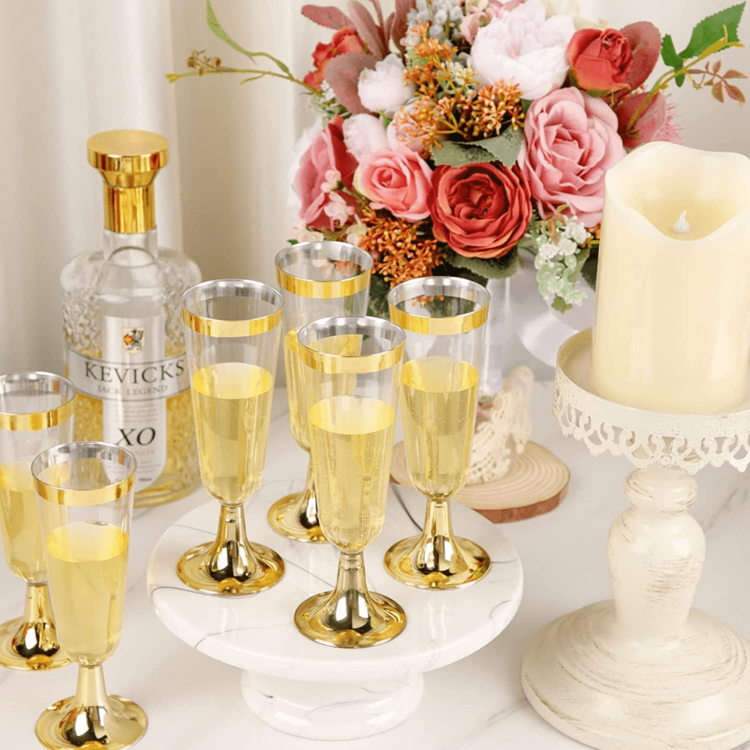 4.5oz Champagne Flutes With Gold Rim Plastic Disposable