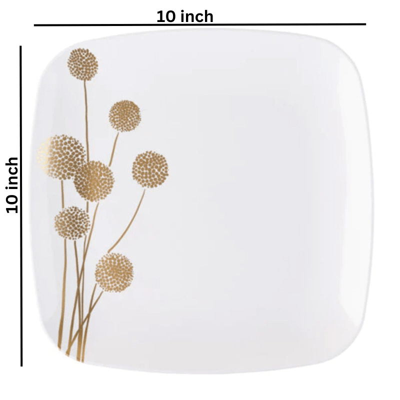 Dandelion 10" White & Gold Square Disposable Plastic Dinner Plate 10 Pack