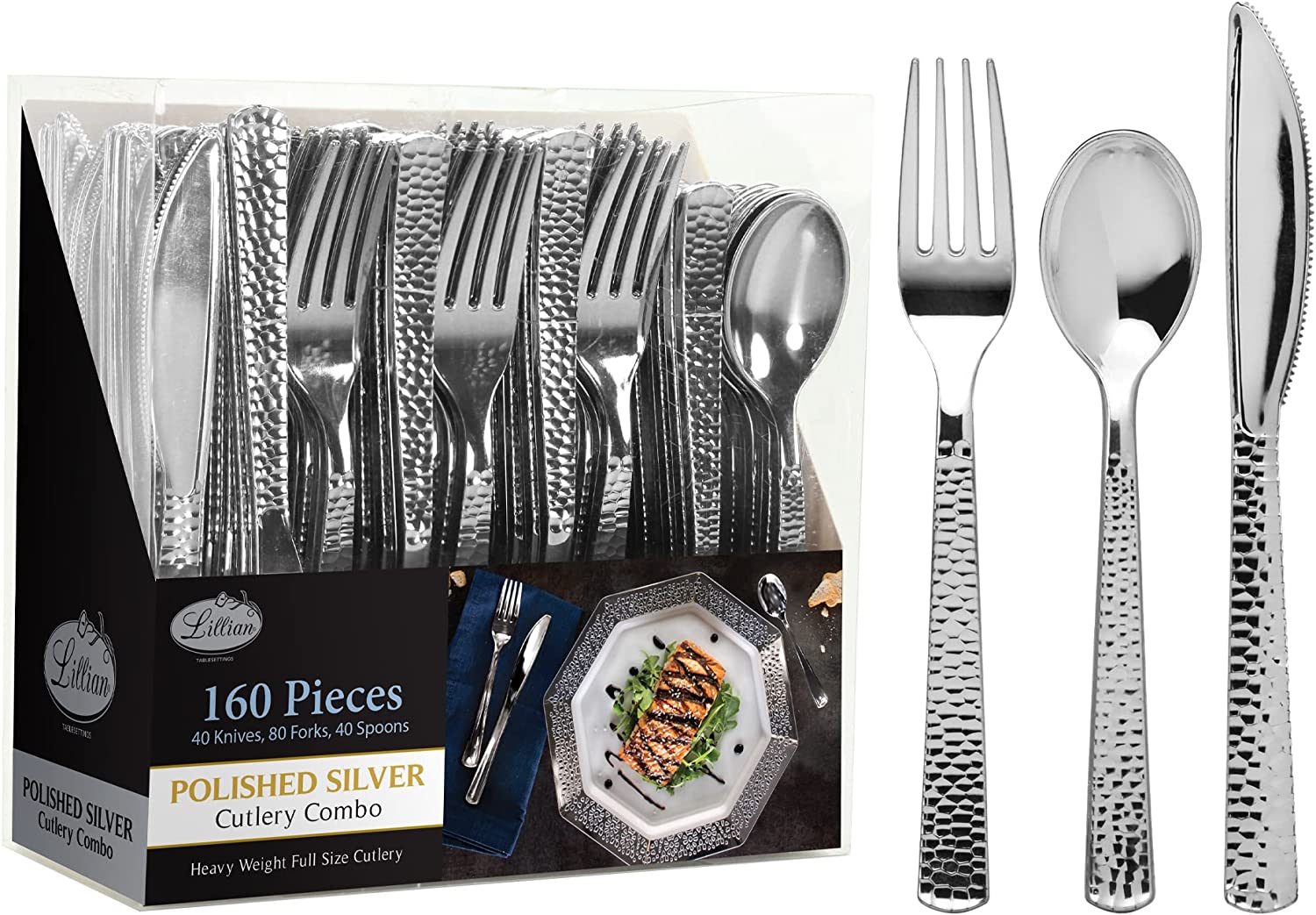 Lilian Cutlery Hammered Heavyweight Silver Plastic 160 piece Combo Pack