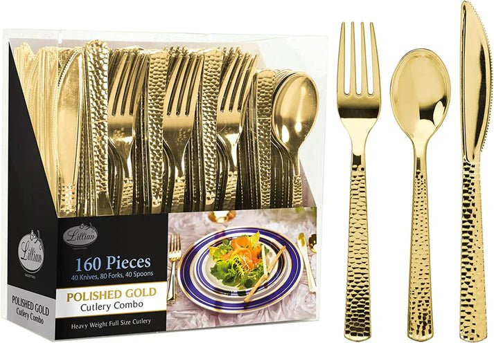 Lilian  Cutlery Hammered  Heavyweight Gold Plastic 160 piece Combo Pack