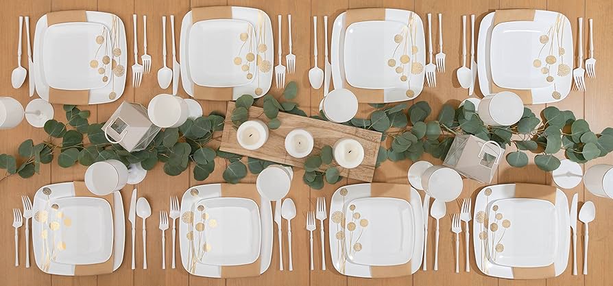 Dandelion 10" White & Gold Square Disposable Plastic Dinner Plate 10 Pack