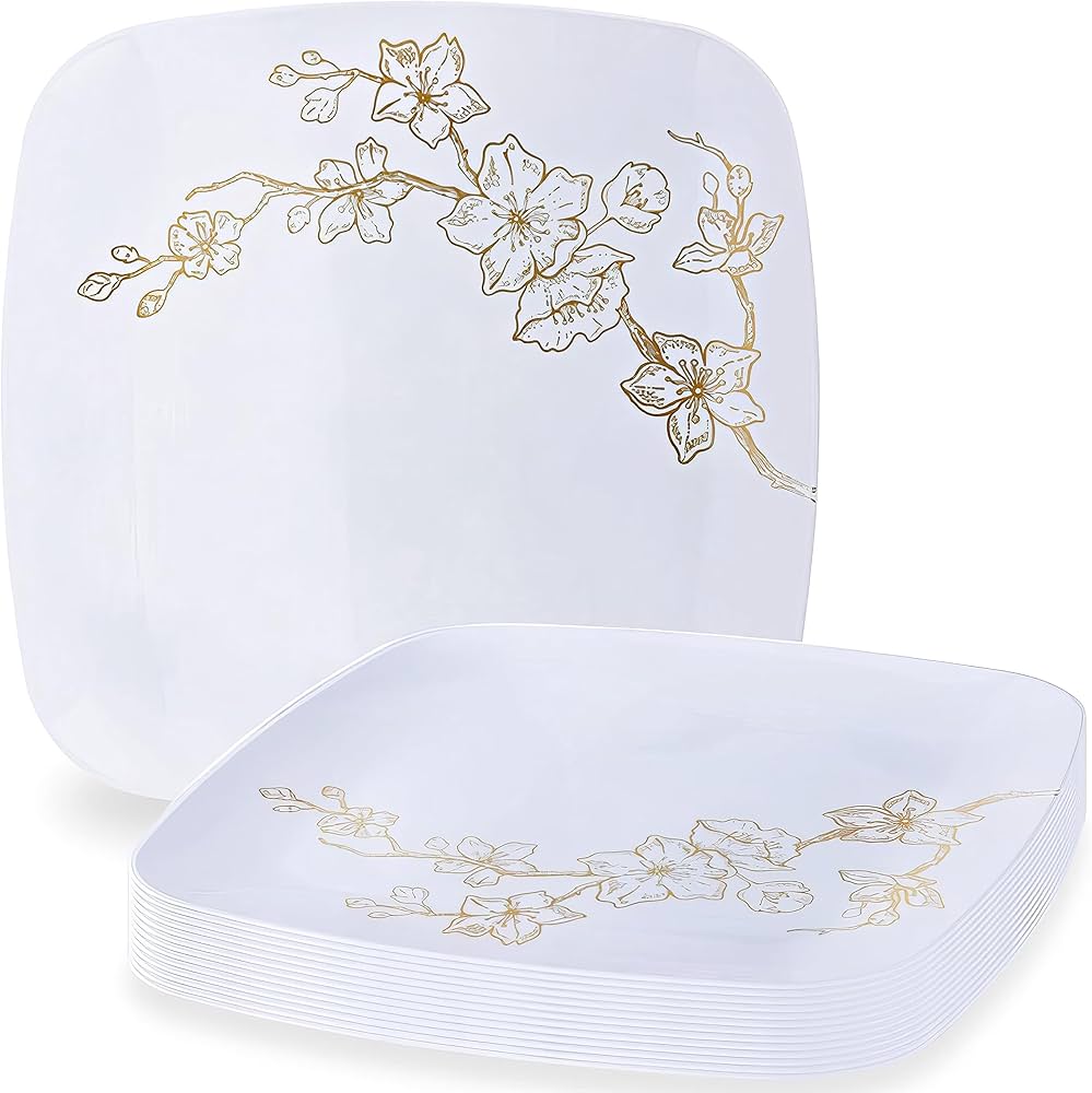 Gold Buds 10" White & Gold Square Plastic Disposable  Dinner Plate