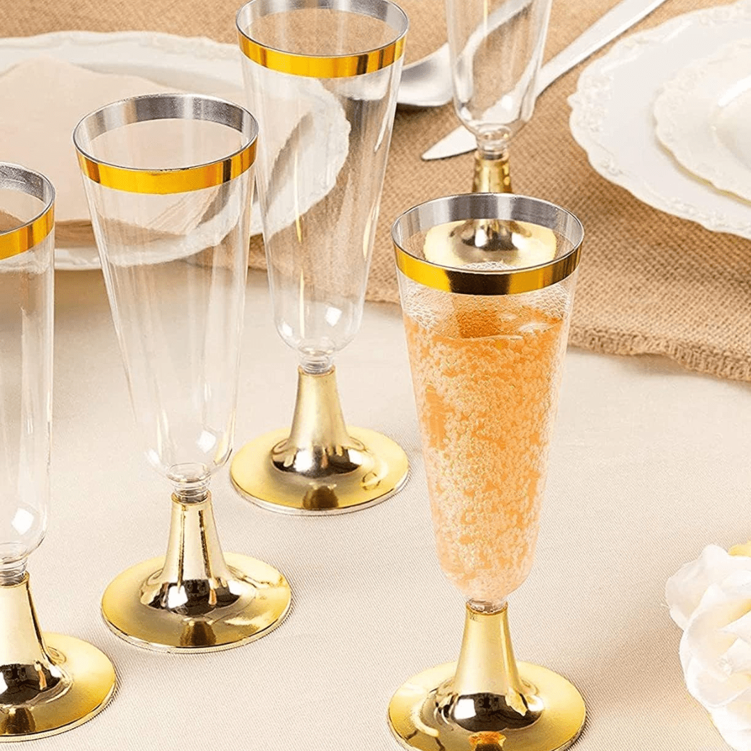 4.5oz Champagne Flutes With Gold Rim Plastic Disposable