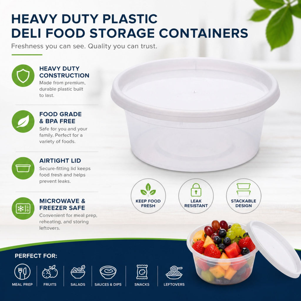 *BUY BULK* 8oz Containers with Lids Heavy Duty Plastic Deli Food Storage