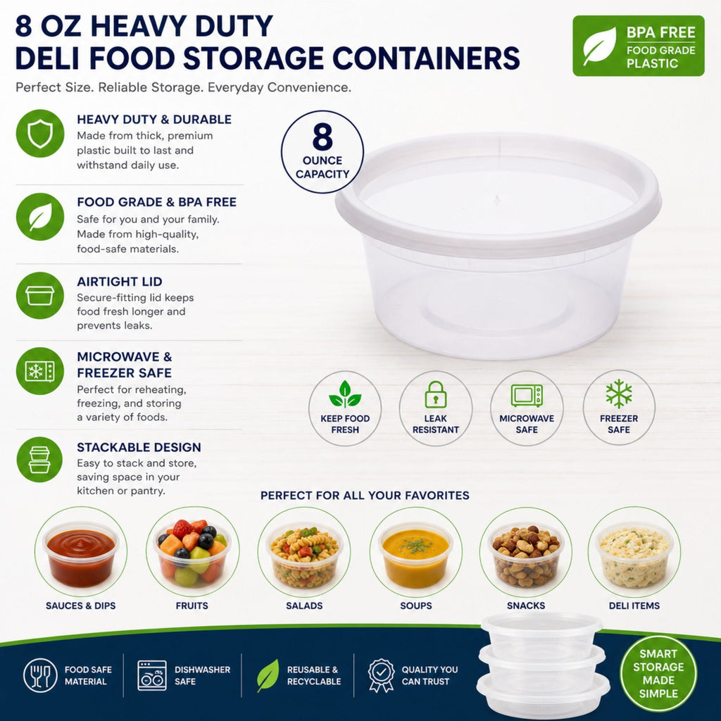 *BUY BULK* 8oz Containers with Lids Heavy Duty Plastic Deli Food Storage