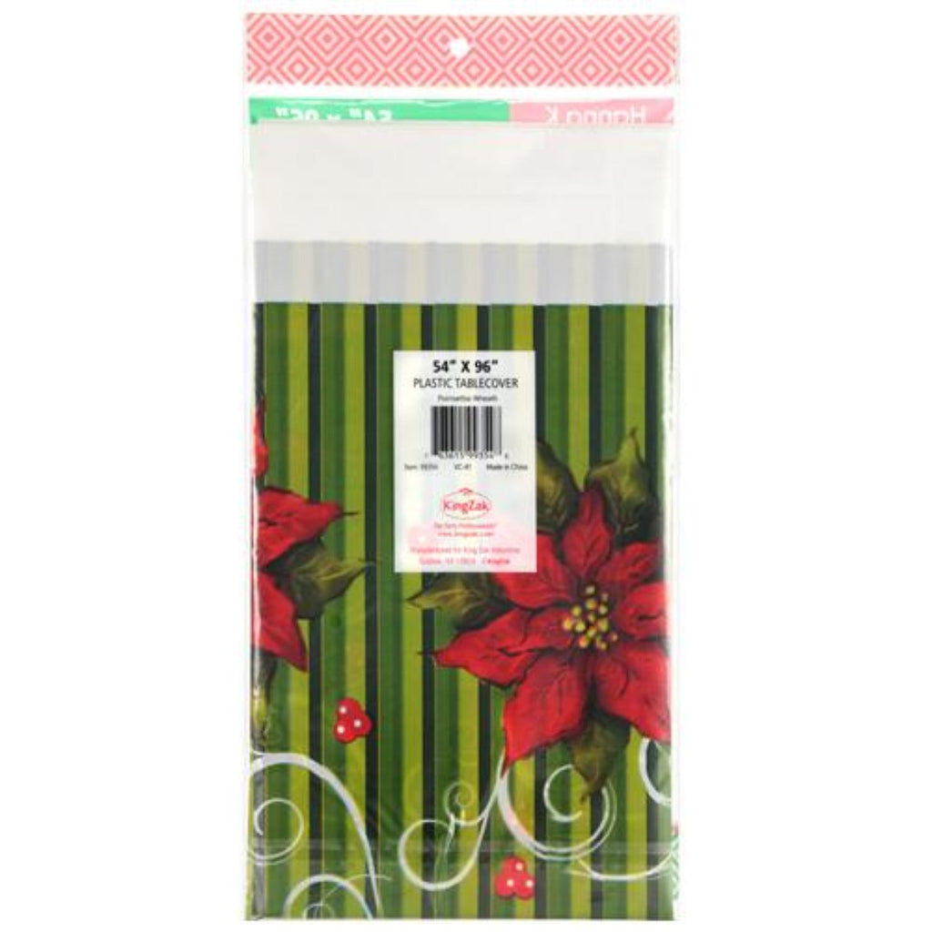 Poinsettia Wreath Plastic Table Cloth 54" x 96" 1 Count