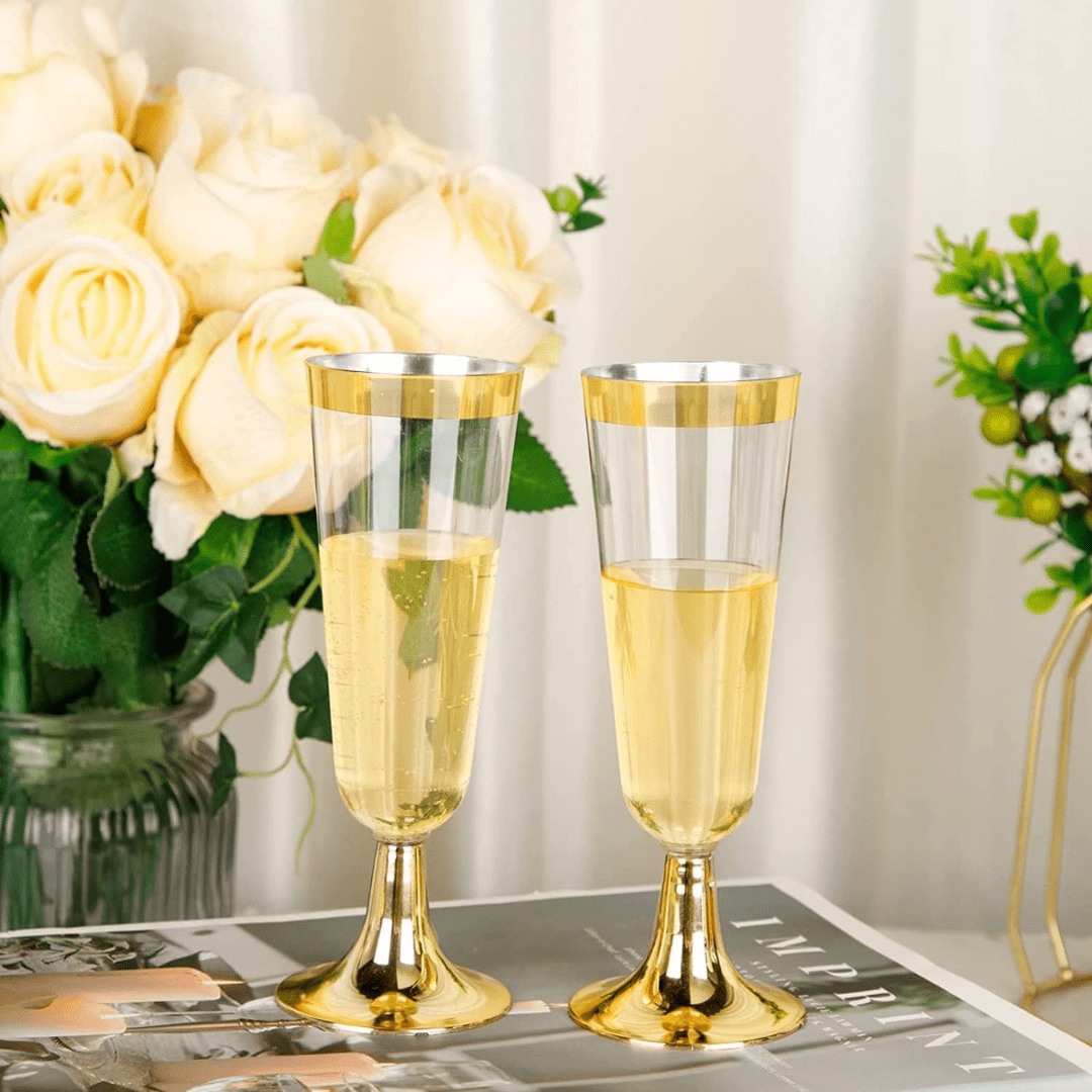 4.5oz Champagne Flutes With Gold Rim Plastic Disposable