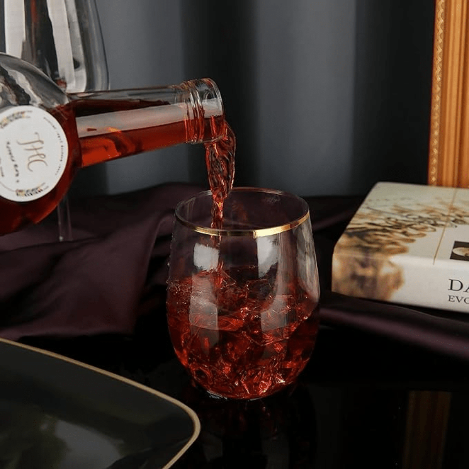 12oz Gold Rim Stemless Plastic Wine Glasses Goblet 6 Pack
