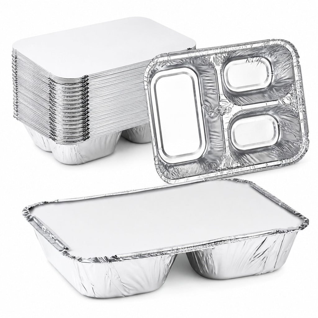 WHOLESALE 3 Compartment Aluminum Disposable Foil Pan/Tray with Board Lids 250/Case