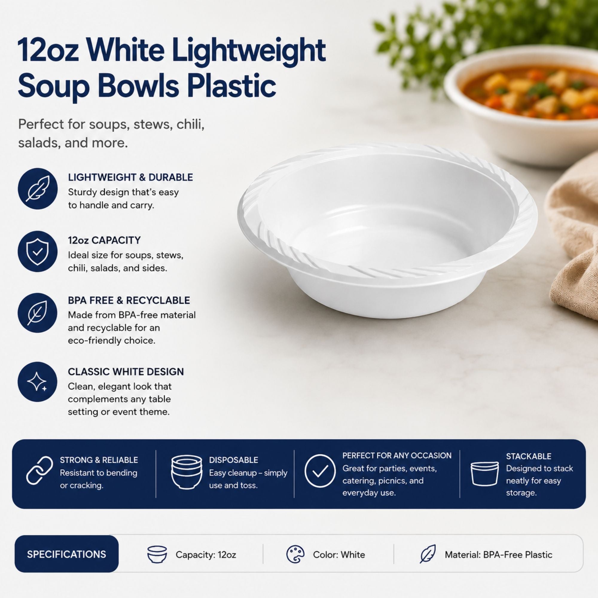 *WHOLESALE* 12ozWhite Dessert Bowls Lightweight Plastic  800/case