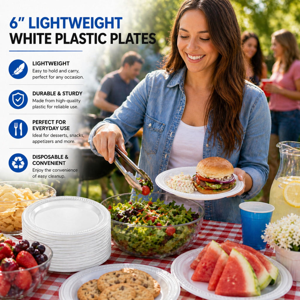 *BUY BULK* 6" plates Lightweight White Plastic  Disposable