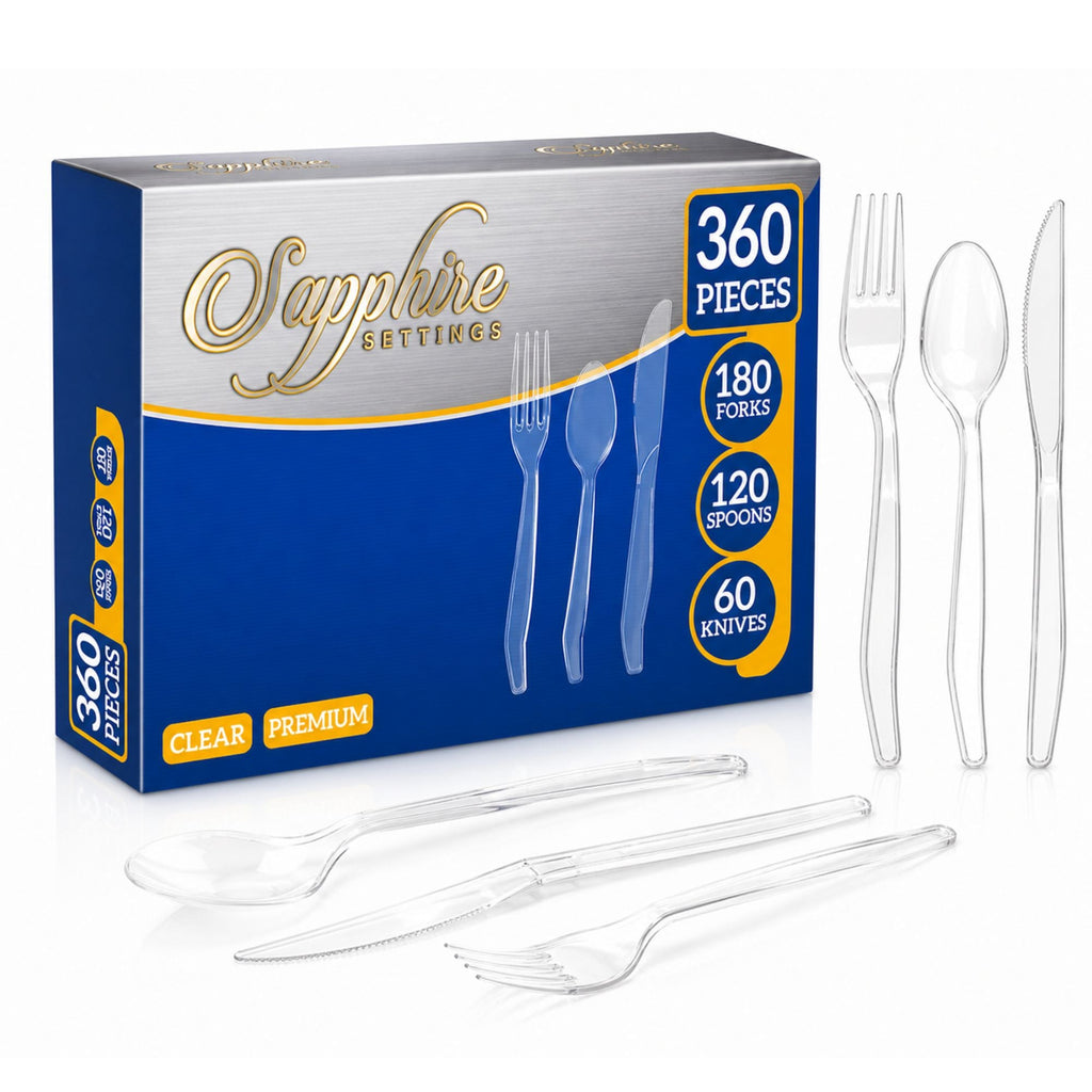 360 Piece Clear Plastic Cutlery Set Forks Spoons Knives Premium Disposable