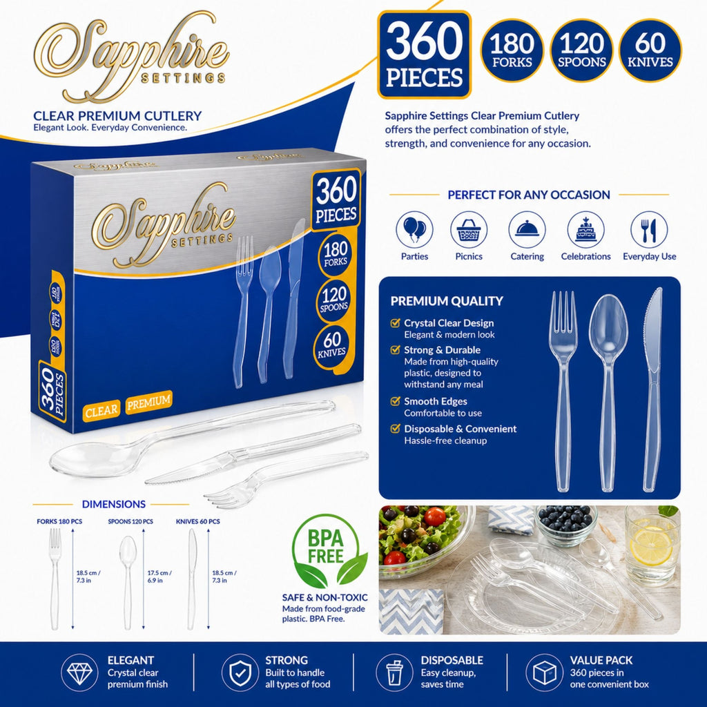 360 Piece Clear Plastic Cutlery Set Forks Spoons Knives Premium Disposable