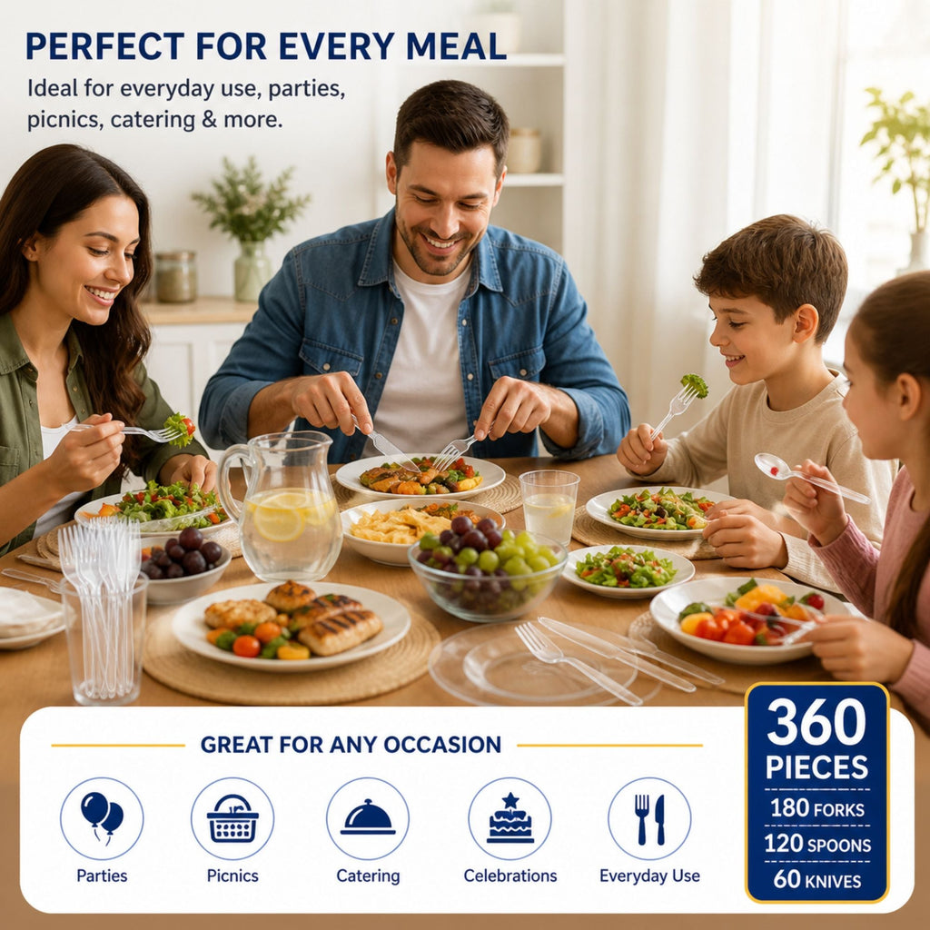 360 Piece Clear Plastic Cutlery Set Forks Spoons Knives Premium Disposable