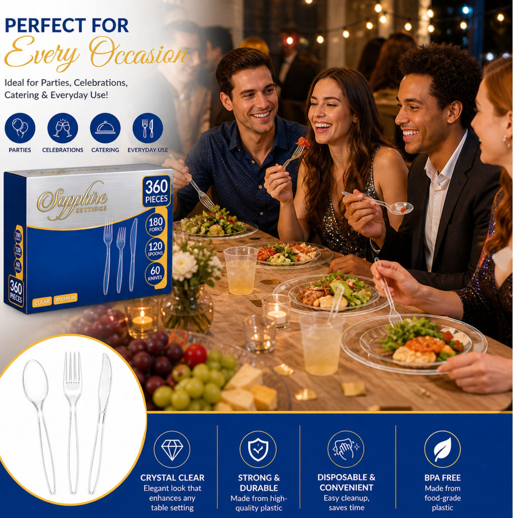 360 Piece Clear Plastic Cutlery Set Forks Spoons Knives Premium Disposable