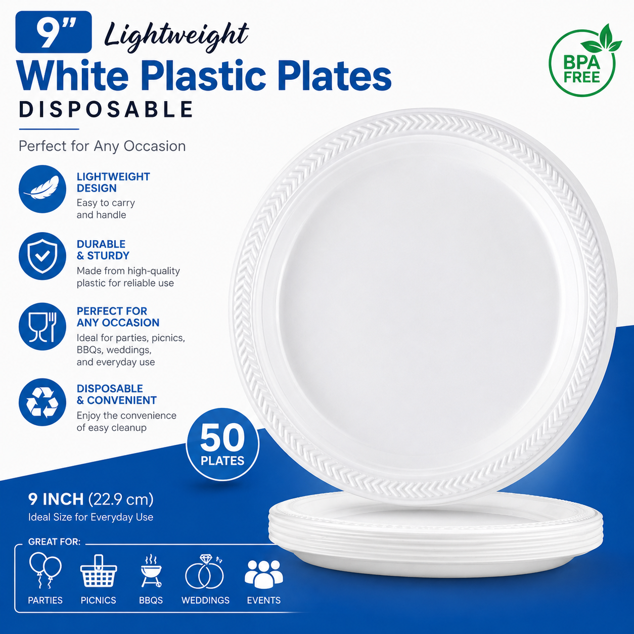 *WHOLESALE* 9" Lightweight White Dinner Plates Disposable Plastic 400/Case