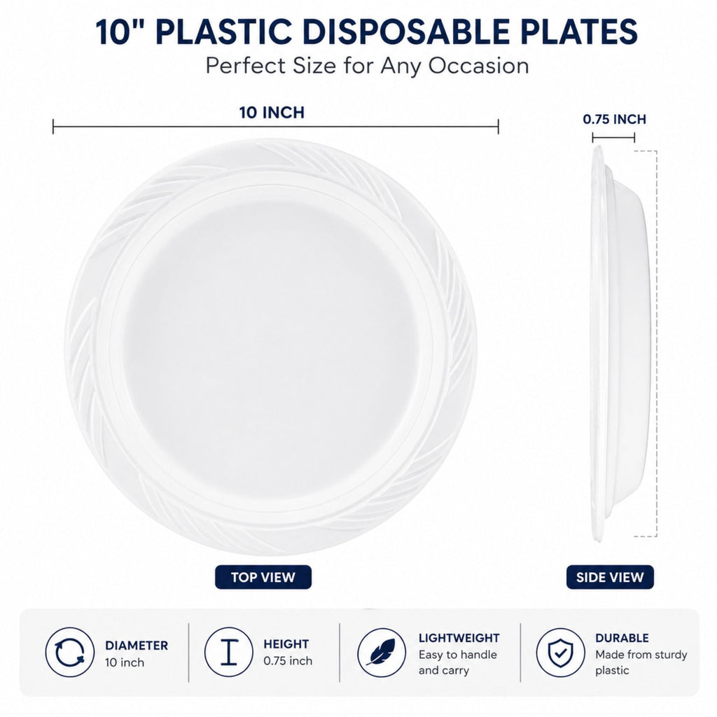*WHOLESALE* 10" Lightweight White Dinner Plates Disposable Plastic 400/Case