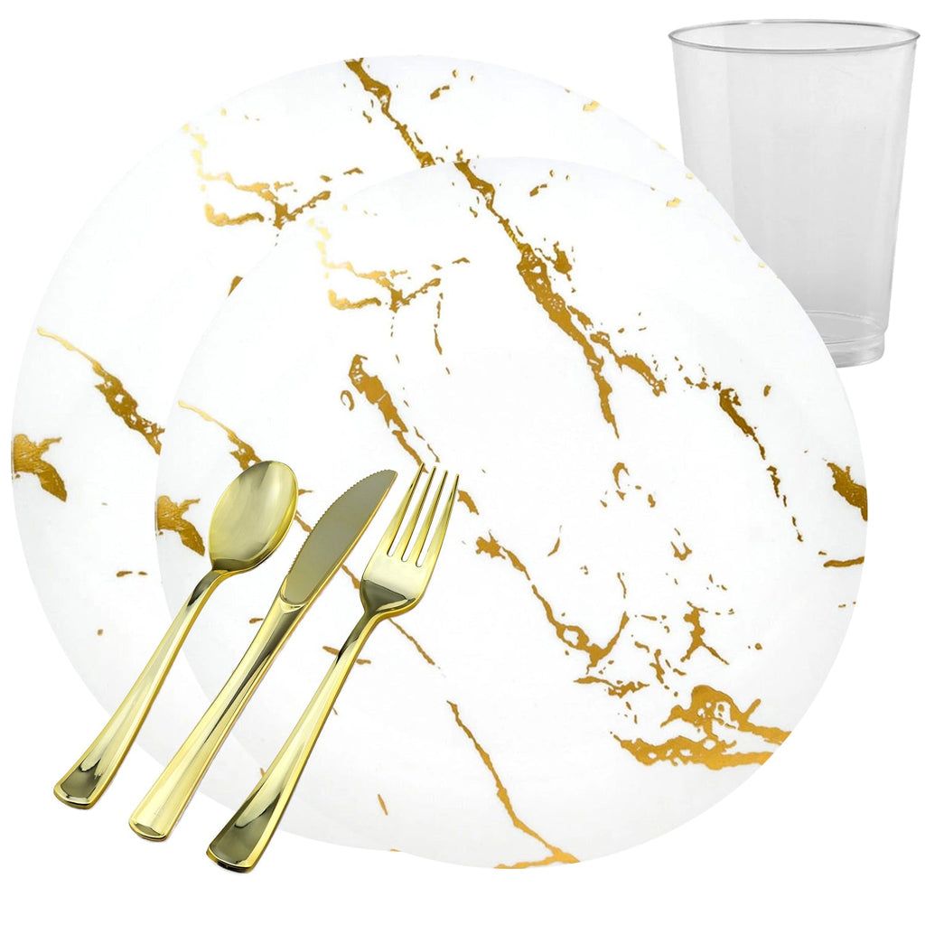 White with Gold Plastic Dinnerware Set- Value Pack-Stroke