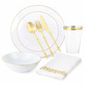 White With Gold Rim Plastic Dinnerware Set- Elegant Party Pack-Organic