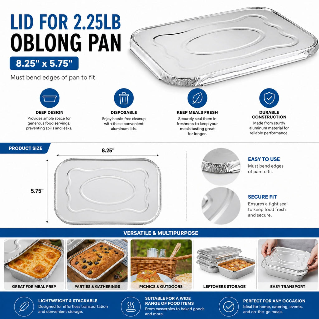Lid For 2.25Lb Oblong Pan 8.25" x 5.75" Disposable Aluminum (Must bend edges of pan to fit)