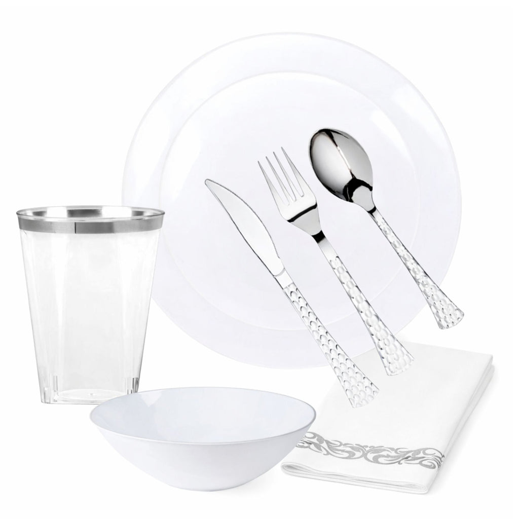 White Plastic Dinnerware Set- Elegant Party Pack-Organic
