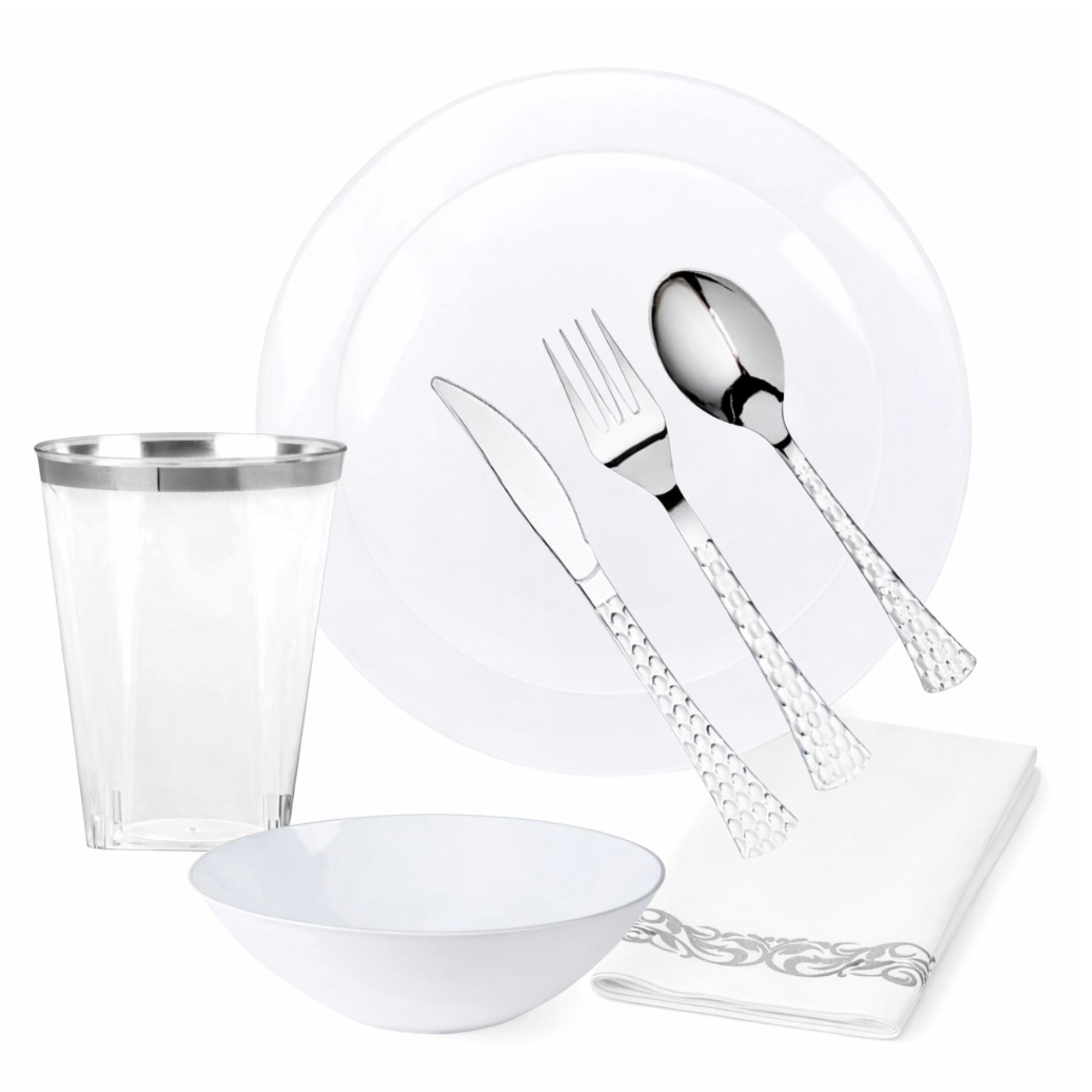White Plastic Dinnerware Set- Elegant Party Pack-Organic
