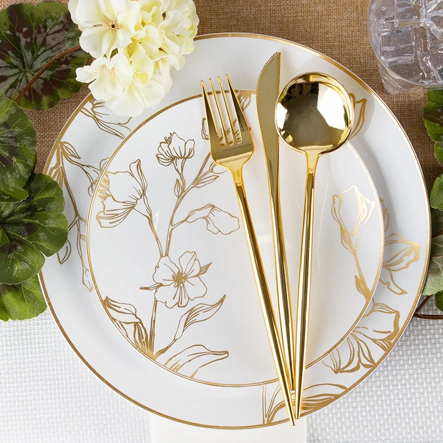 10"&7.5" White & Gold Floral Plastic Plates COMBO Set-Antique