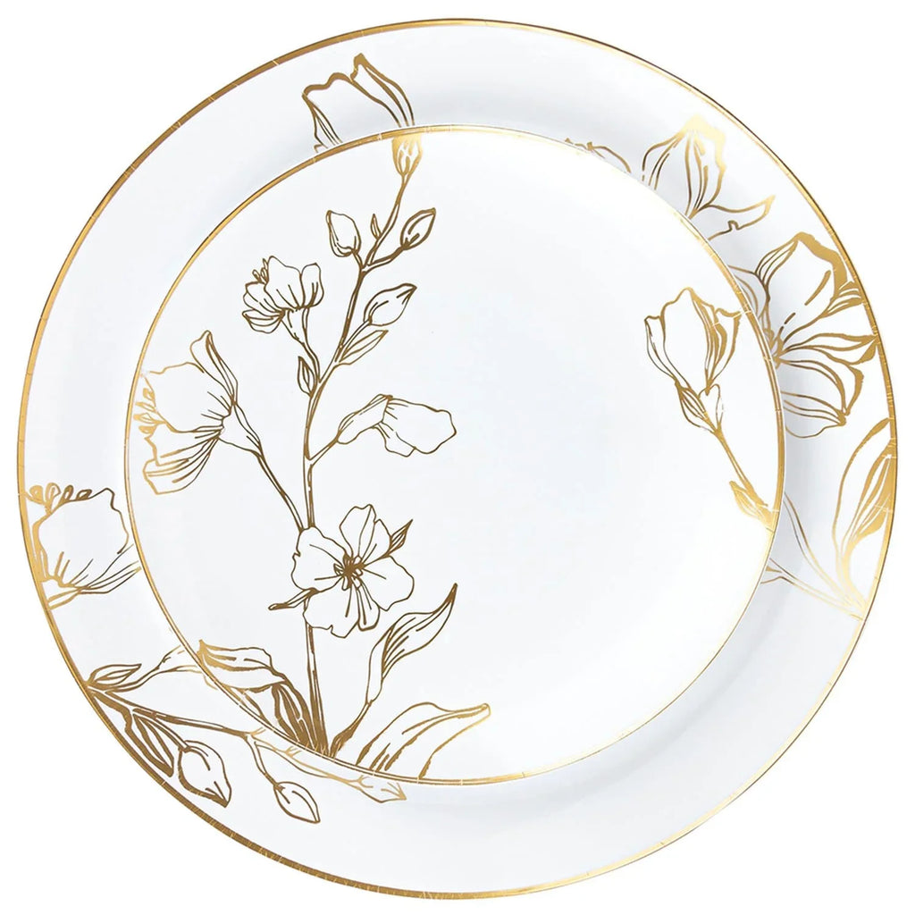 10"&7.5" White & Gold Floral Plastic Plates COMBO Set-Antique