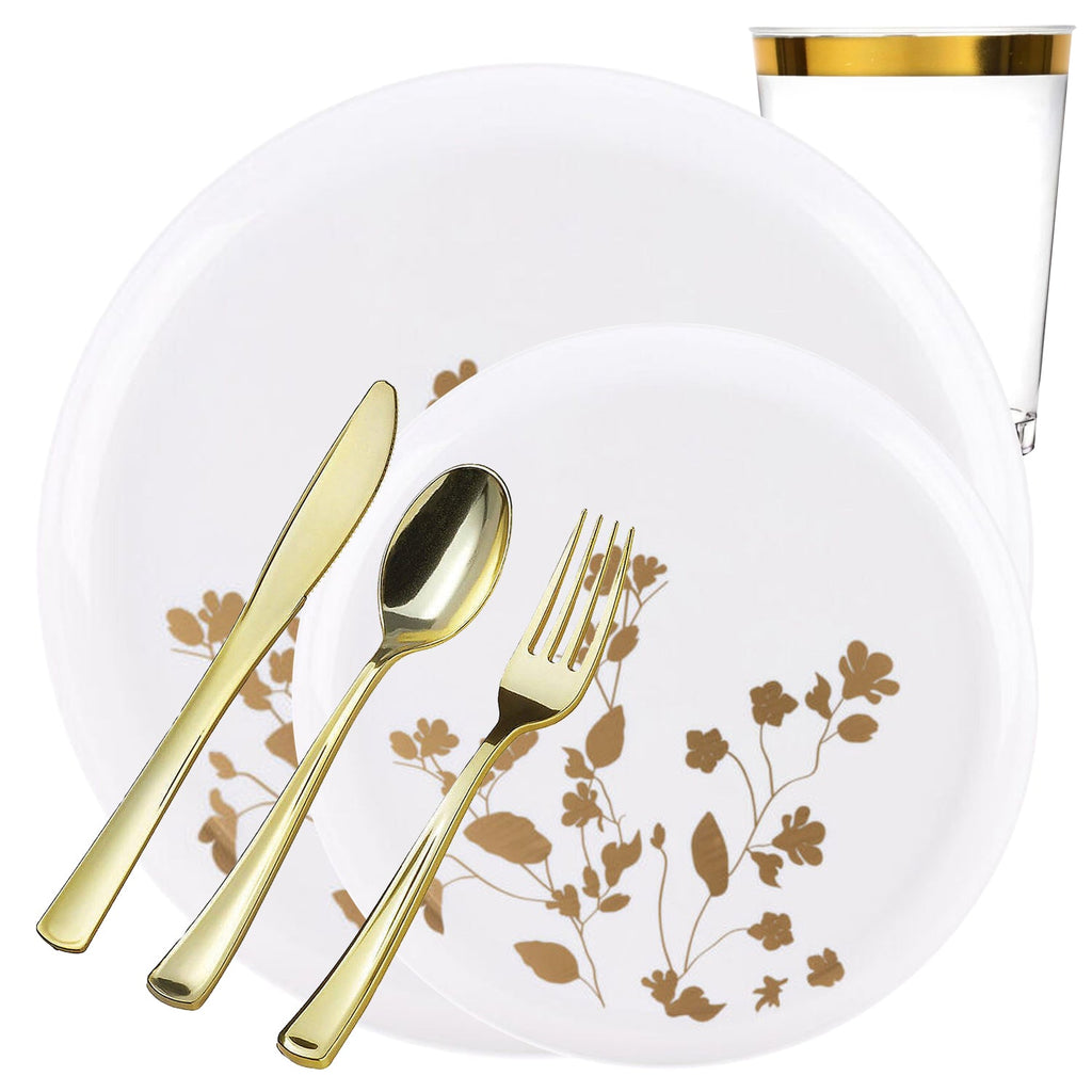 White & Gold Round Plastic Dinnerware Set- Value Pack-Garden Disposable Tableware Decorline 20 Guest Servings