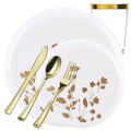 White & Gold Round Plastic Dinnerware Set- Value Pack-Garden Disposable Tableware Decorline 20 Guest Servings