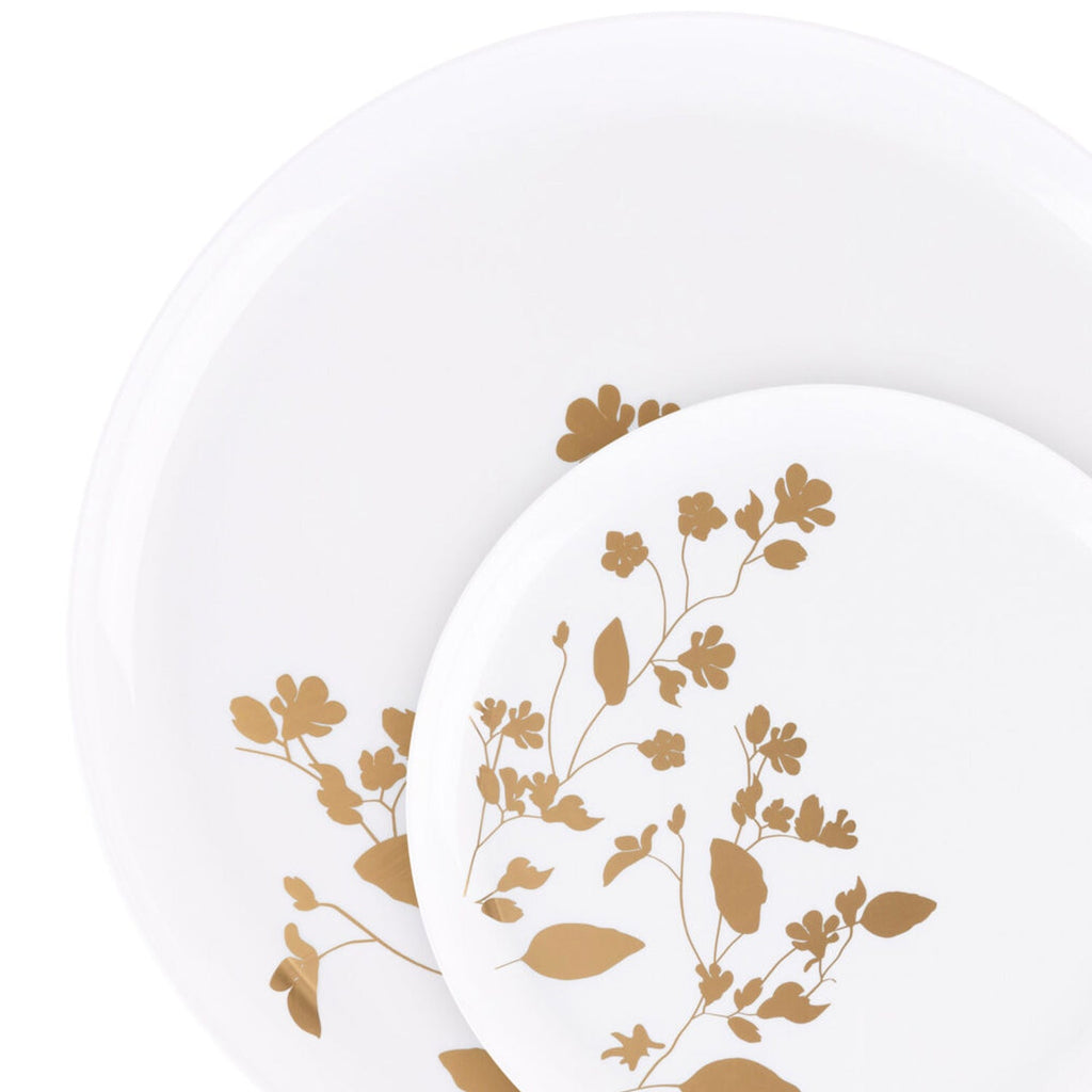 White & Gold Round Plastic Dinnerware Set- Value Pack-Garden