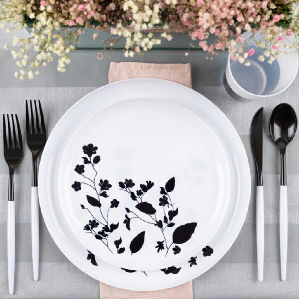 Garden 6.3" White & Black Plastic Disposable Dessert Plate 10 Pack
