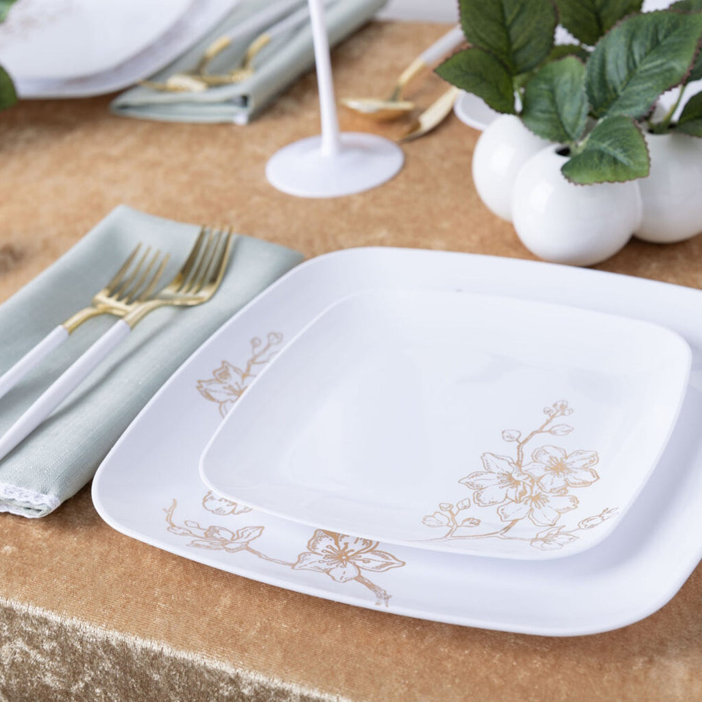 *BUY BULK* Gold Buds White & Gold Rim Plastic Dinner Plate Combo Set