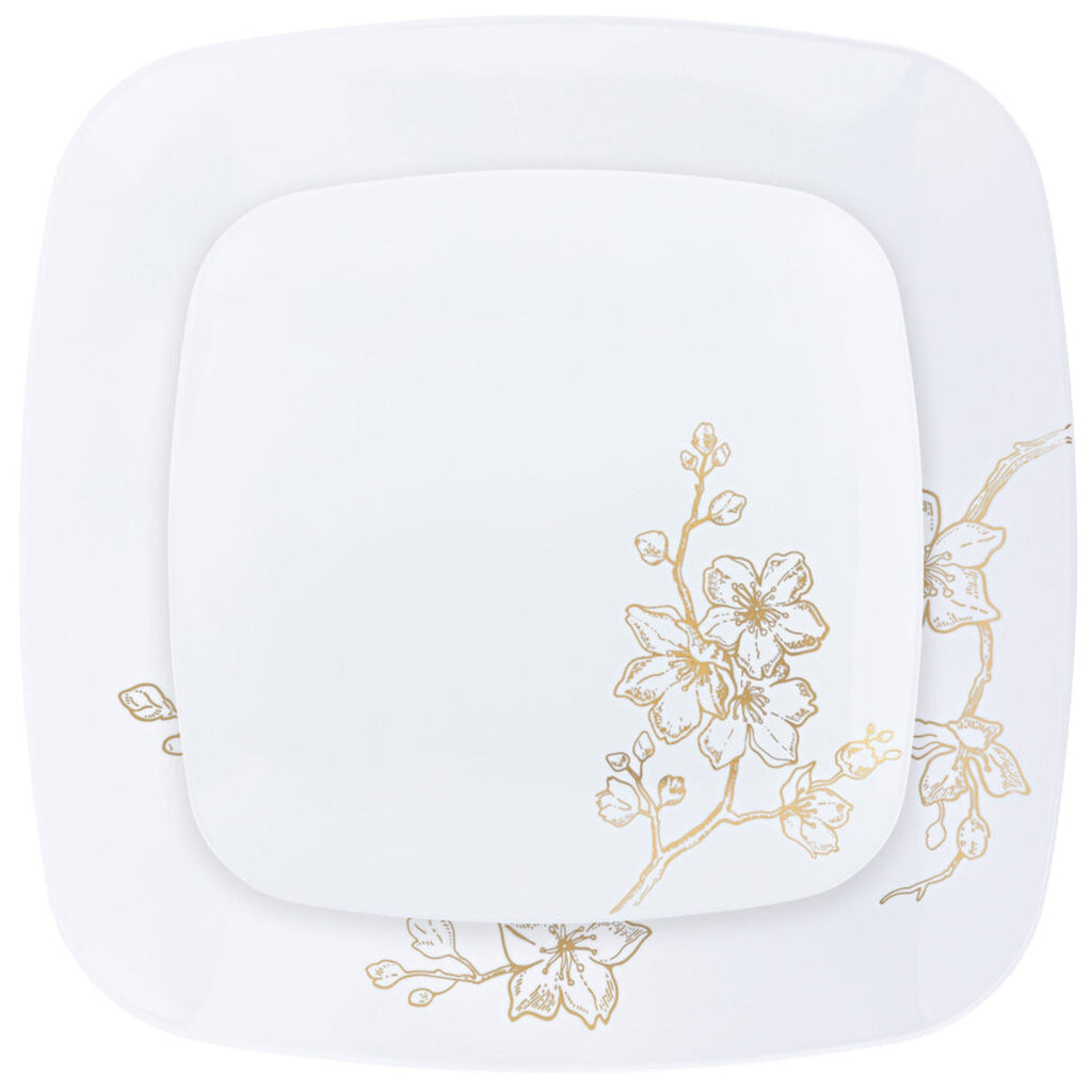 *BUY BULK* Gold Buds White & Gold Rim Plastic Dinner Plate Combo Set
