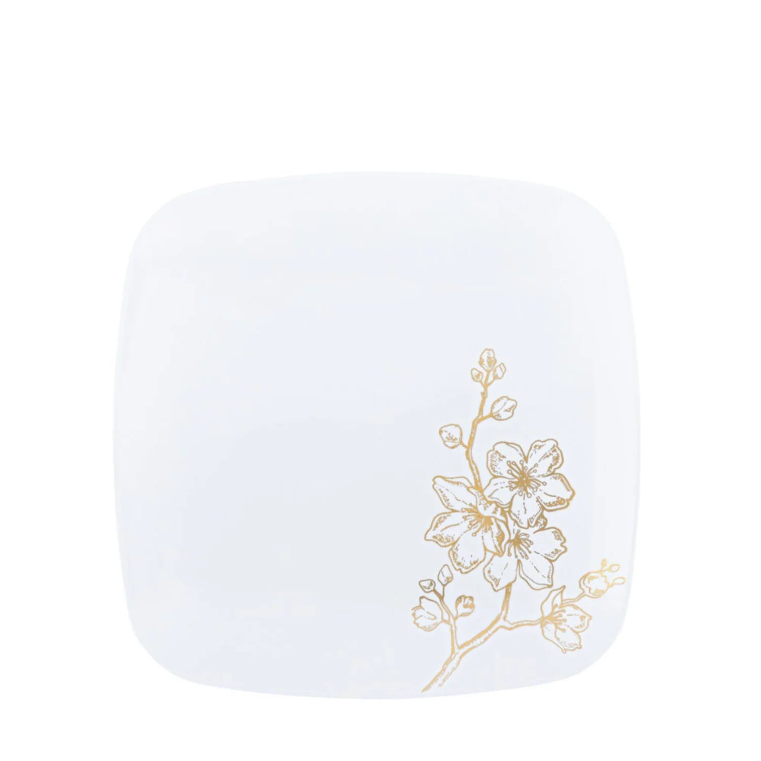 Gold Buds 7.5" White & Gold Square Plastic Disposable Appetizer/Dessert Plate