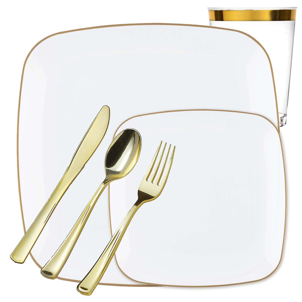 White with Gold Rim Plastic Dinnerware Set- Value Pack-Orchid Disposable Tableware Blue Sky 20 Guest Servings