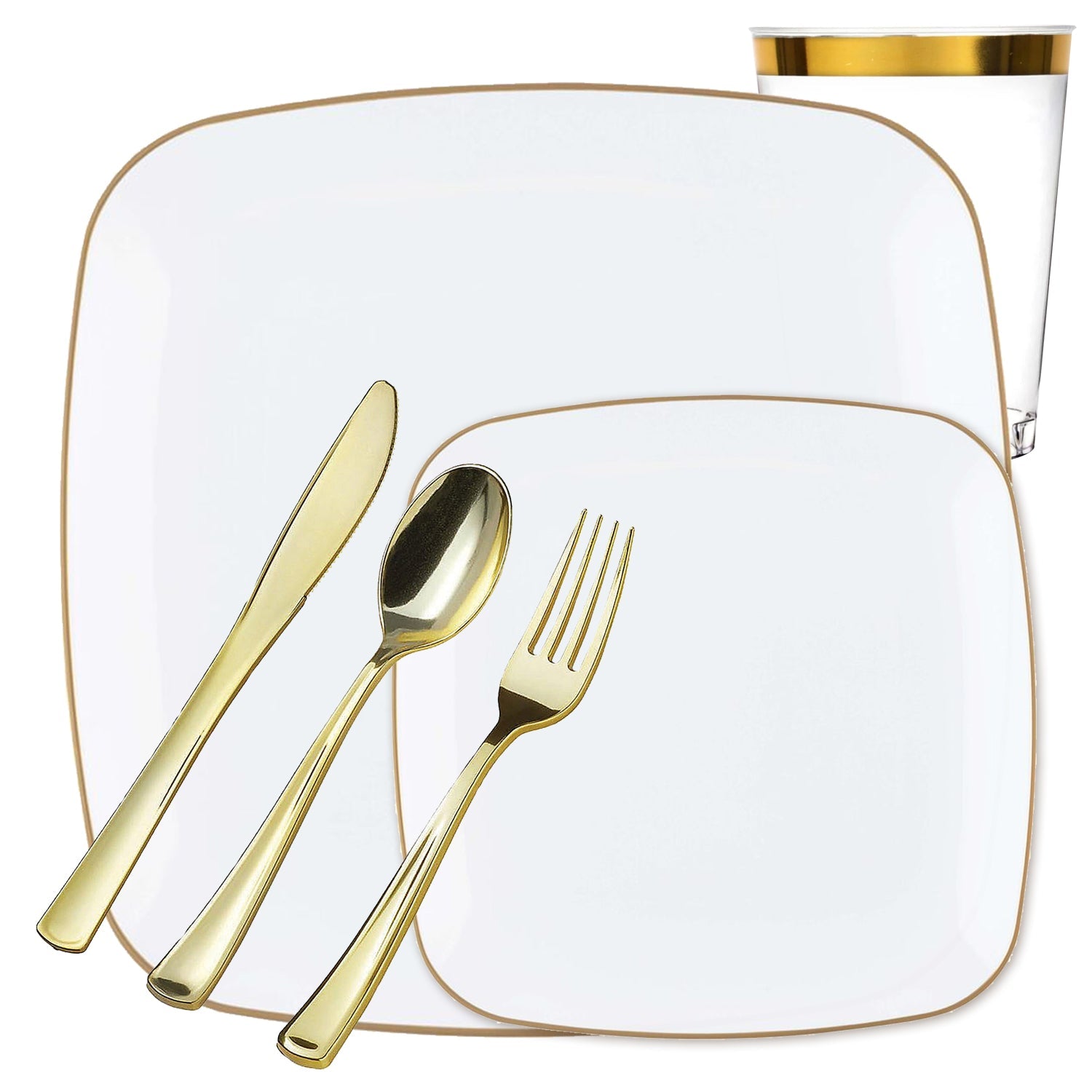 White with Gold Rim Plastic Dinnerware Set- Value Pack-Orchid Disposable Tableware Blue Sky 20 Guest Servings