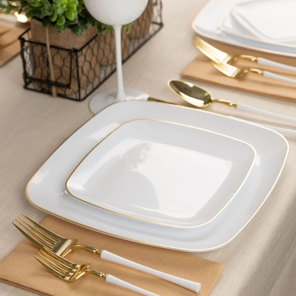 Organic 10" White with Gold Rim Square Plastic Disposable Plate