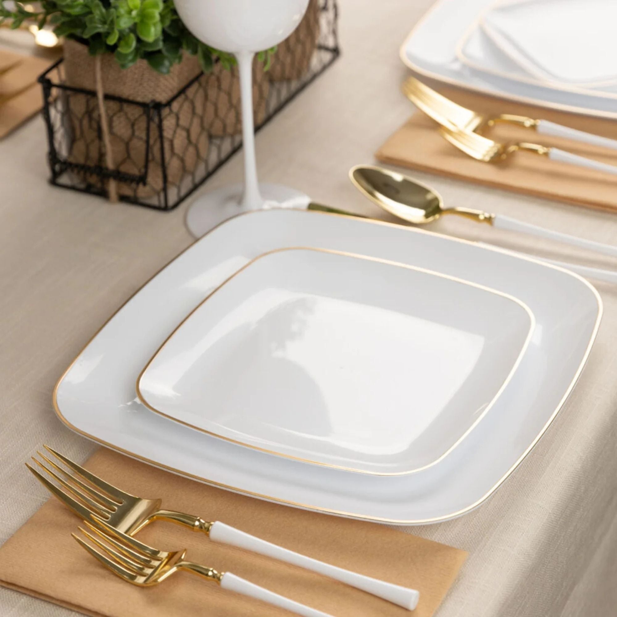 Organic 10" White with Gold Rim Square Plastic Disposable Plate