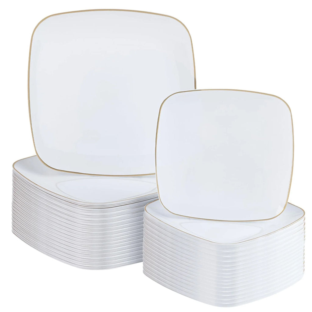 Organic 7.25" White with Gold Rim Square Plastic Disposable Dessert Plate