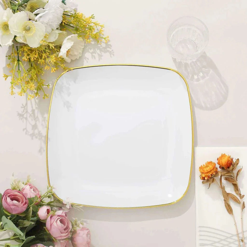 Organic 10" White with Gold Rim Square Plastic Disposable Plate